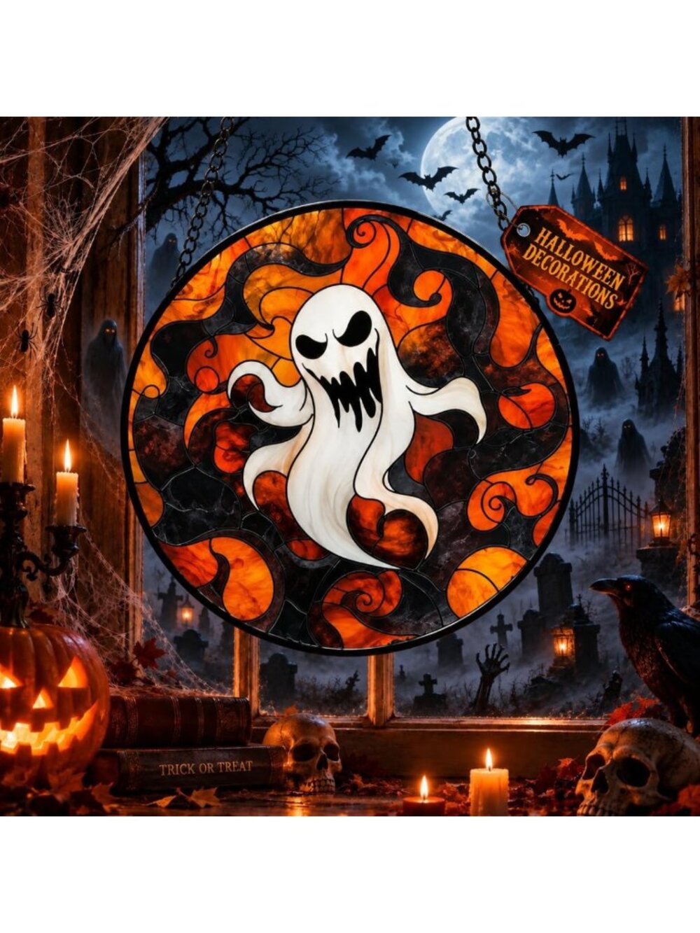 Evil Pumpkin Stained Glass Suncatcher - Halloween Window Hanging Decor